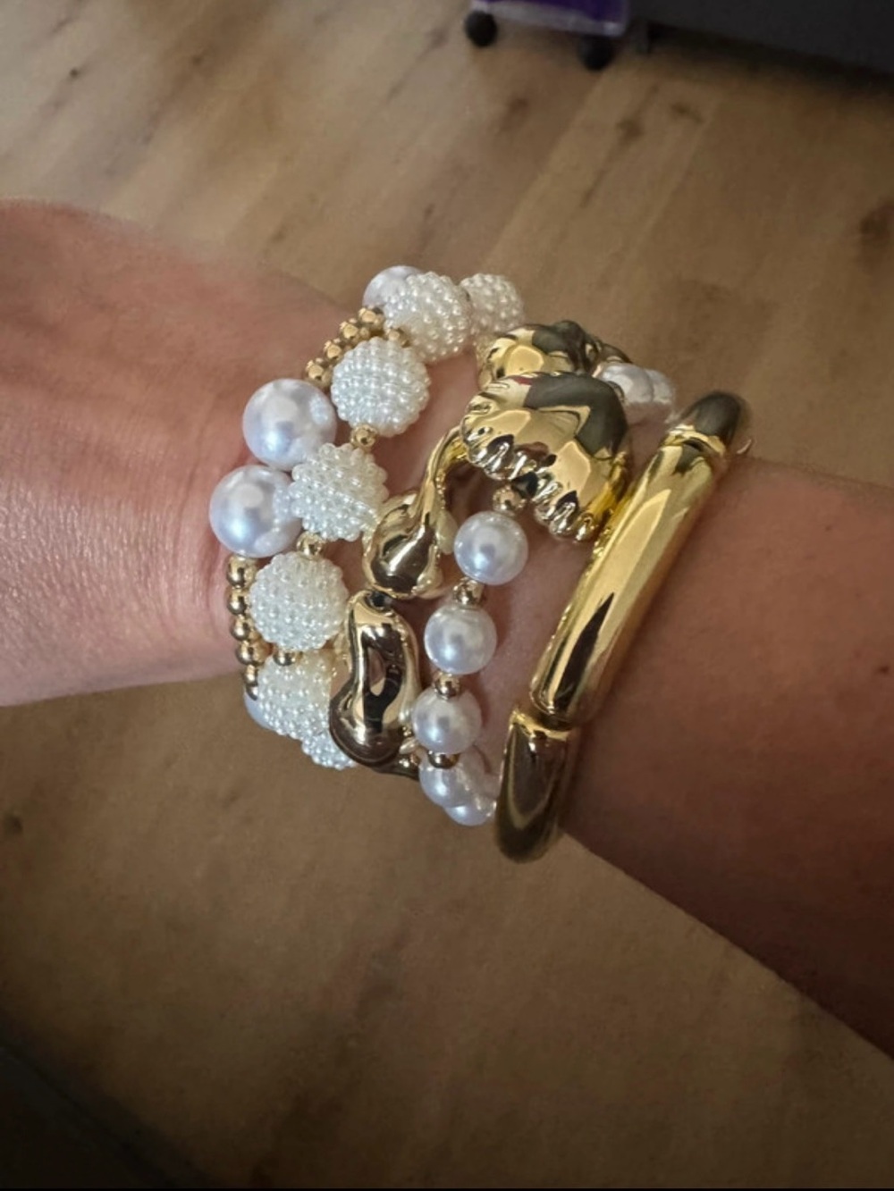 Gold and White Pearl Stackable Bracelet Set - Women Jewelry